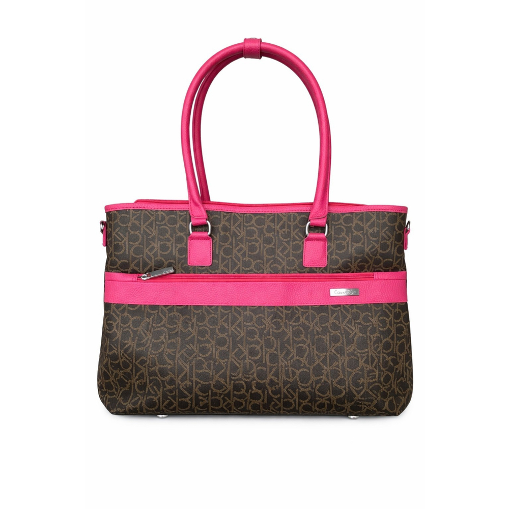 Calvin Klein CK Monogram Tote Bag Brown Pink Trim Large Work Travel Weekender